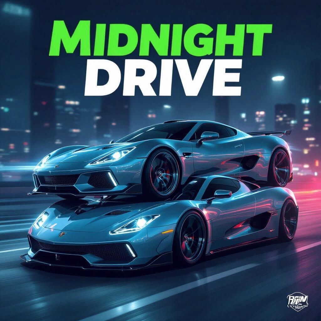 Artwork features two hypercars in a lowrider style with the title Midnight Drive prominently displayed. The scene captures a vibrant city nightlife atmosphere.