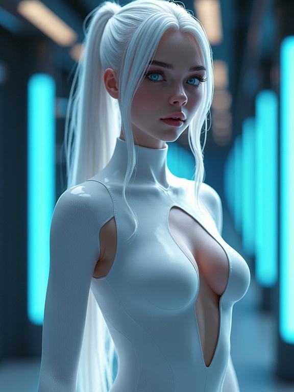Futuristic sci-fi character with long white hair. She wears a light blue form-fitting bodysuit. The scene has RGB LED lighting. The atmosphere is vibrant and pastel in tone. The background features elements reminiscent of a starship. The character is presented in a dramatic low-angle shot. Details of her appearance are hyper-realistic, emphasizing beauty and style.