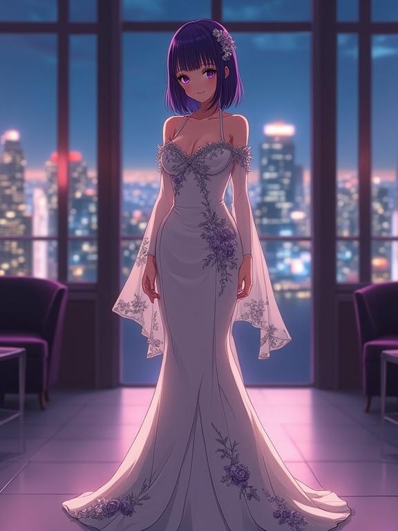 Anime woman with shoulder-length dark violet hair. Elegant off-white gown with sheer sleeves. Standing in luxurious sky lounge at night. Captivating dark violet eyes. Subtle smile, relaxed refinement. Modern upscale setting with cityscape view.