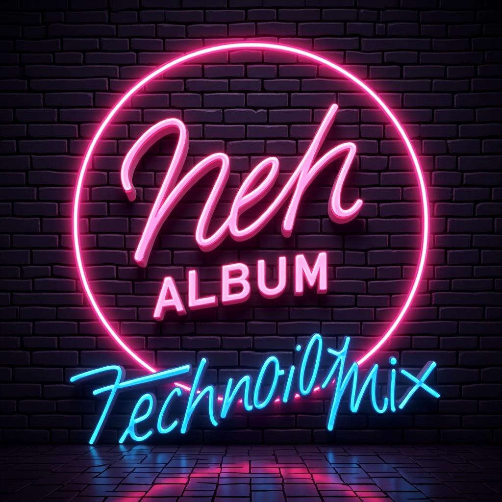Neon album cover with retro aesthetics featuring vibrant colors. Text includes 'Techno Mix #2'. Circular neon sign emphasizes the title.