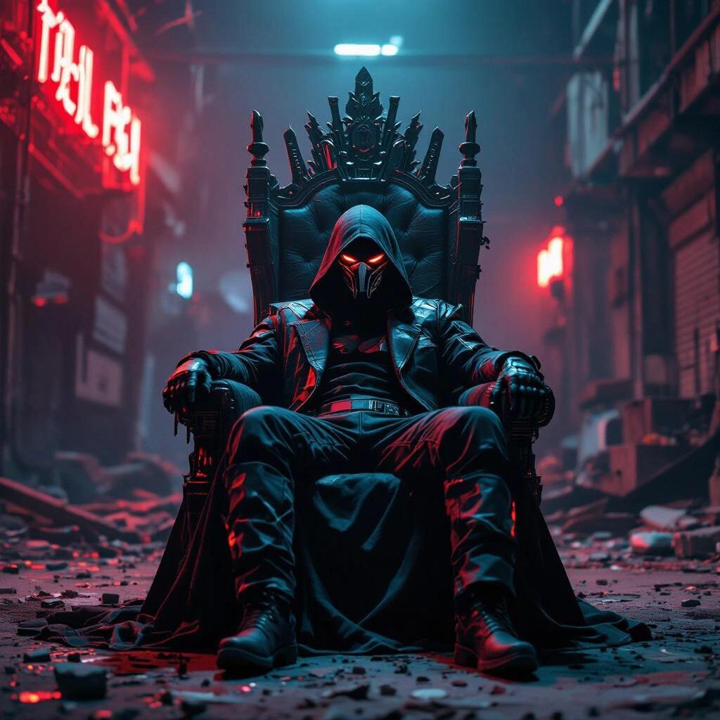 Portrait of a masked figure lounging in a crumbling tech warehouse on an impressive throne. The figure wears cyberpunk clothing with ambient red and blue lighting.