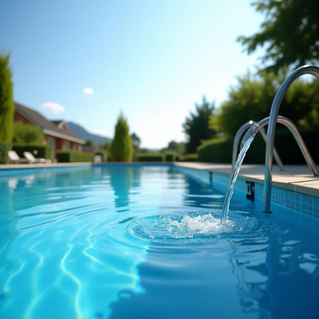 Fill pool with water. Image has a swimming pool filled with blue water and a water feature. Bright outdoor setting with greenery in the background.