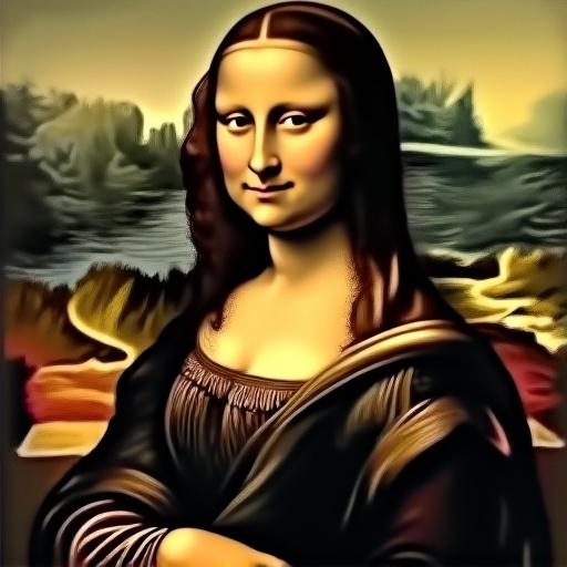 Mona Lisa painted by Leonardo da Vinci. Renowned portrait featuring a serene expression and subtle smile. Background includes distant hills and soft landscape.