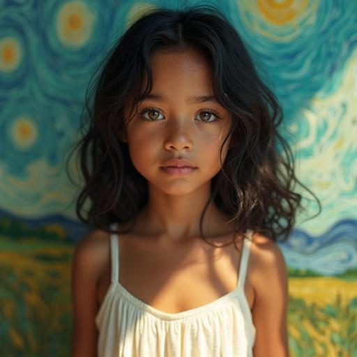 Photorealistic portrait of a young Polynesian woman with shy green eyes and raven-black hair. Soft morning light filters through a window illuminating her face. She wears a white sundress. Background resembles a Van Gogh painting with swirling brushstrokes and vivid colors. Shot from a low angle emphasizing her delicate features and faint scar above her left eyebrow.