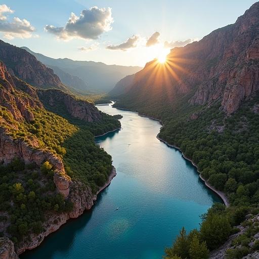 Mountain landscape with river during sunset. Golden light illuminating surroundings. Serene atmosphere with lush greenery and rocky cliffs.