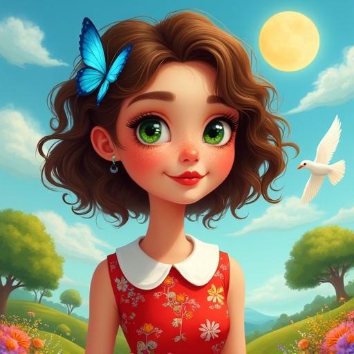 Digital illustration of a young woman with curly brown hair. Blue butterfly clip adorns her hair. She has large green eyes and rosy cheeks with freckles. Bold red lips accentuate her smile. Red dress features floral pattern and white Peter Pan collar. Background includes bright blue sky with fluffy clouds and a full moon. White bird flies nearby amidst a colorful landscape with lush green trees and blooming flowers.