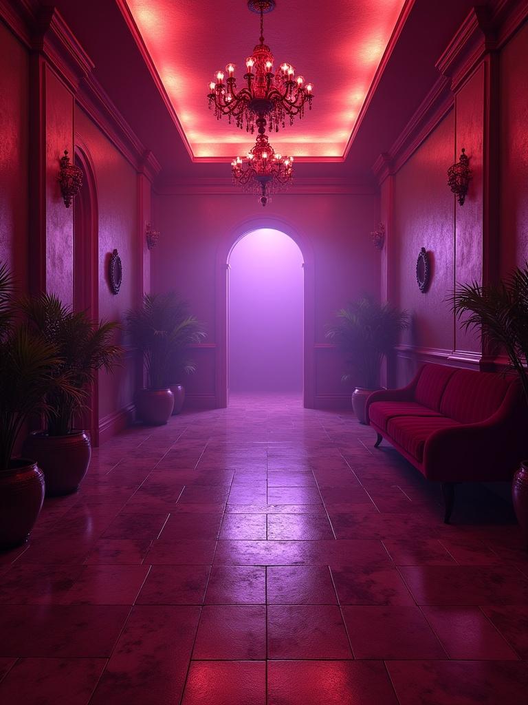 Palace hallway with an empty atmosphere. Disco style interior. Rich colors and lighting. Elegant decor with a modern twist. Plants and a sofa complement the space. An open door leads to a mysterious light.