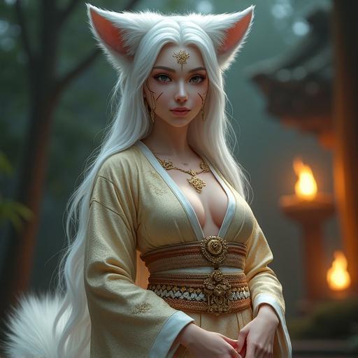 Divine fox goddess with a humanoid figure. Blending human and fox features. Beautiful face with soft eyes and golden markings. Serene expression with textured skin and fur. Large fluffy ears and long white hair. Wears a detailed ceremonial kimono with moon and star patterns. Background is a forest shrine at twilight with glowing flames.