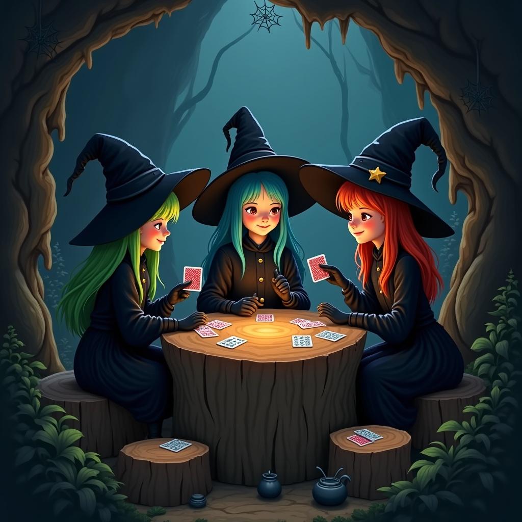 Three teen witches play cards in a dark cave. Witches have green, blue, and ginger hair. They wear dark robes and black hats. The setting includes a table made of a tree stump. No grass or plants are present. Lighting is dim, focusing on the table and witches. Typical witch decor like cauldrons and spider webs is visible.