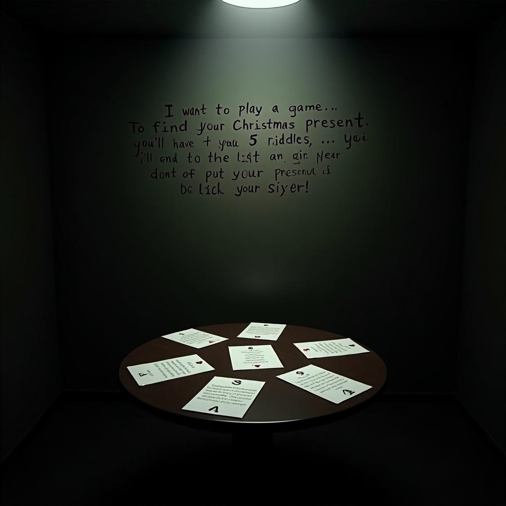 Scene resembling the Saw movies. Dark room with a table. Five riddles scattered on the table. Message on the wall about Christmas presents and riddles.