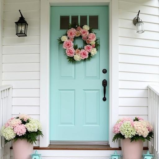 White front porch with light aqua door. Wreath made with light pink roses and white hydrangeas on the door. Flower pots with light pink roses and white hydrangeas on each side. Aqua lanterns near each pot.