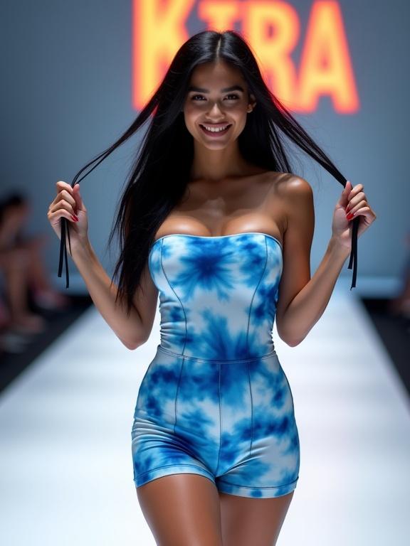 Young woman with long black hair smiles at the camera on a catwalk. She wears a bright blue and white strapless jumpsuit. The pattern resembles a tie-dye effect. The woman holds the thin black straps of the outfit. The background displays the illuminated Kira Shop sign.