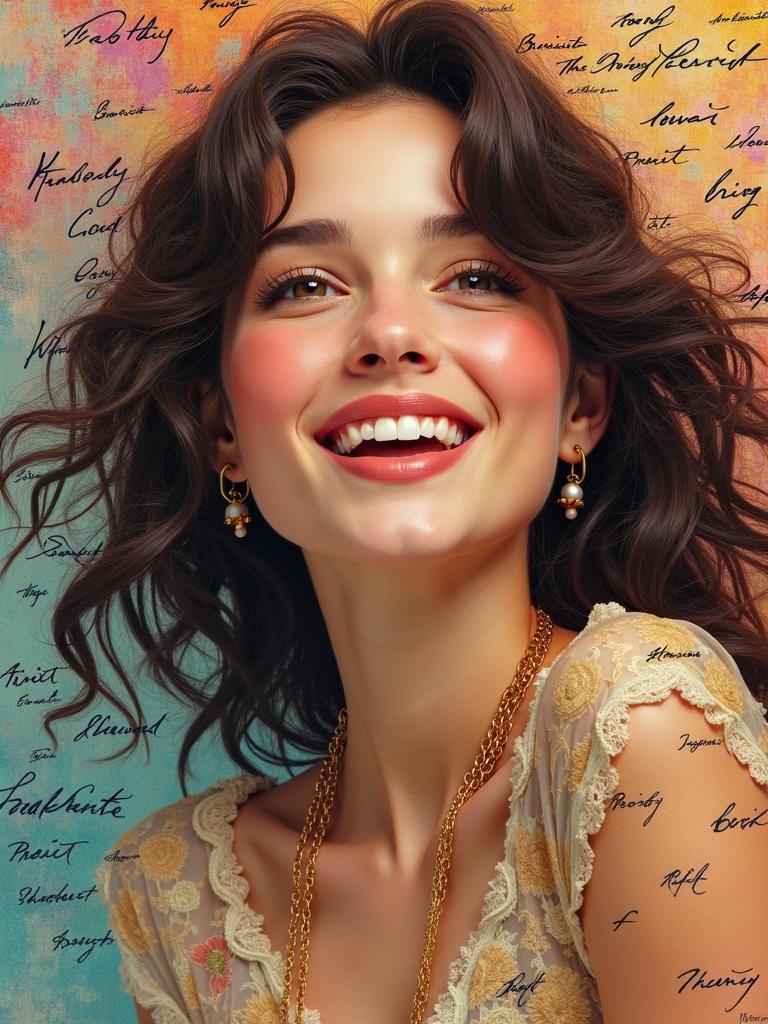 Beautiful woman with radiant smile expressive eyes and curly hair. Surrounded by elegant script colorful background.