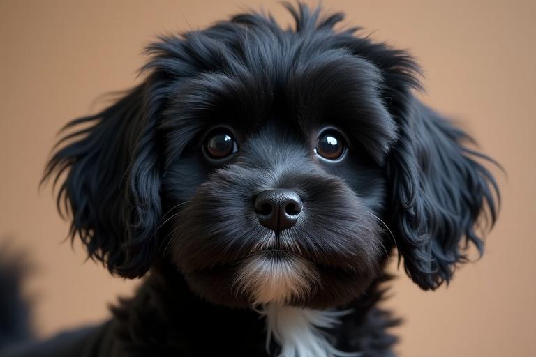 Create an image of a 3 year old black toy poodle dog with a white strip of hair under its chin in a portrait style.