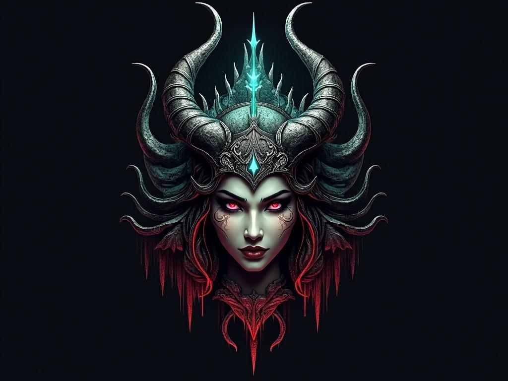 This image features a striking logo design concept for a horror game titled 'Aytamga.' The main character is a goddess from Turkic mythology, portrayed as both sexy and beautiful. She has elaborate horns and intricate details in her face. The color palette includes dark tones with accents of red and teal, creating a gothic atmosphere. The design emphasizes power and allure, appropriate for a horror-themed game.