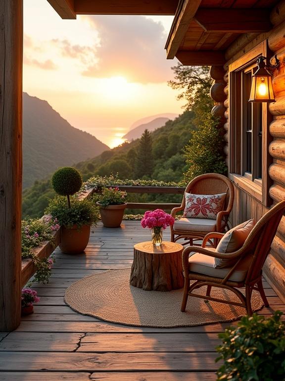 Wooden terrace attached to a log cabin on a mountain slope. Lush valley view with sunset over the sea. Two wicker chairs and a tree stump table. Vibrant pink flowers in a vase. Rustic lantern casting golden light. Potted plants and greenery around. Warm and inviting atmosphere.