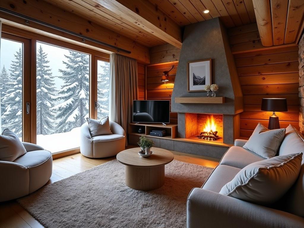 The image depicts the interior of a warm and cozy family ski lodge. It features soft furnishings and a tidy layout, making it inviting and comfortable. A roaring fireplace adds warmth to the ambiance. Outside the windows, snow is falling on the trees, enhancing the winter atmosphere. The color palette is earthy, comprising beige, brown, and gray tones. The overall scene conveys a sense of relaxation and tranquility. This lodge is perfect for families seeking a winter getaway.