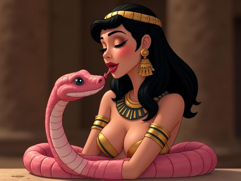 Cleopatra is depicted licking a pink snake in an elegant pose. The background is dramatic. Composition is perfect with realistic Disney edition style.