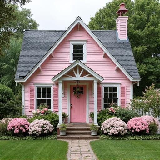 Light pink cottage features white trim and shutters. Contains gingerbread details. Garden showcases light pink rose bushes and pink and white hydrangea bushes.