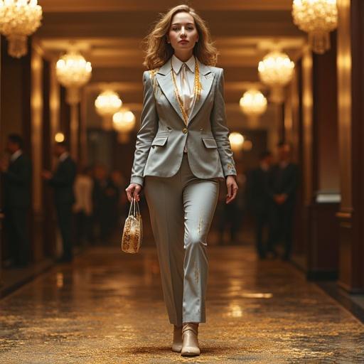 A woman wears a grey satin business suit with a white shirt and ankle boots. She stands in a luxurious gala setting. She is covered in custard-filled éclairs and chocolate syrup. The elegant appearance contrasts with the mess. The scene captures bright, warm lighting highlighting every detail of the mess. Photographed with cinematic precision using a Sigma 85mm lens. The atmosphere portrays a juxtaposition of elegance and humor.
