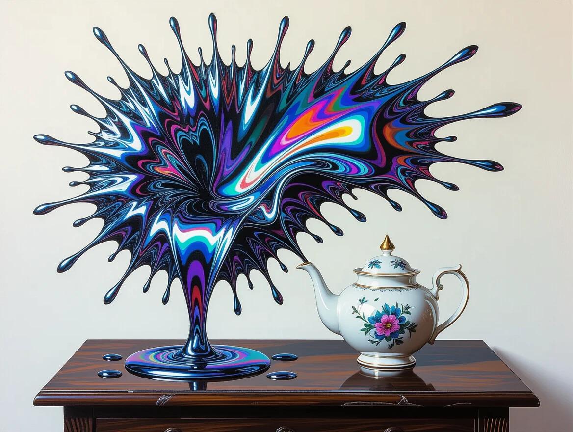 Masterpiece of sculptural oil painting in the style of Boris Vallejo. Extreme impasto technique. Aggressive abstract liquid chrome burst. Iridescent colors shimmer over a dark fantasy landscape. Elegant porcelain teapot on dark wood table with swirling viscous stream. Light casting marvelous chiaroscuro effects.