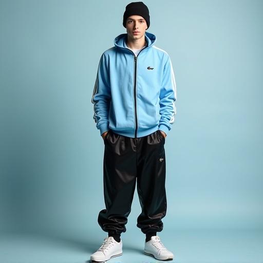 Full body portrait of a male wearing a light blue tracksuit top and black track pants. He has a beanie cap tilted to the side. Wearing white Nike trainers. He has blue eyes and a confident pose.
