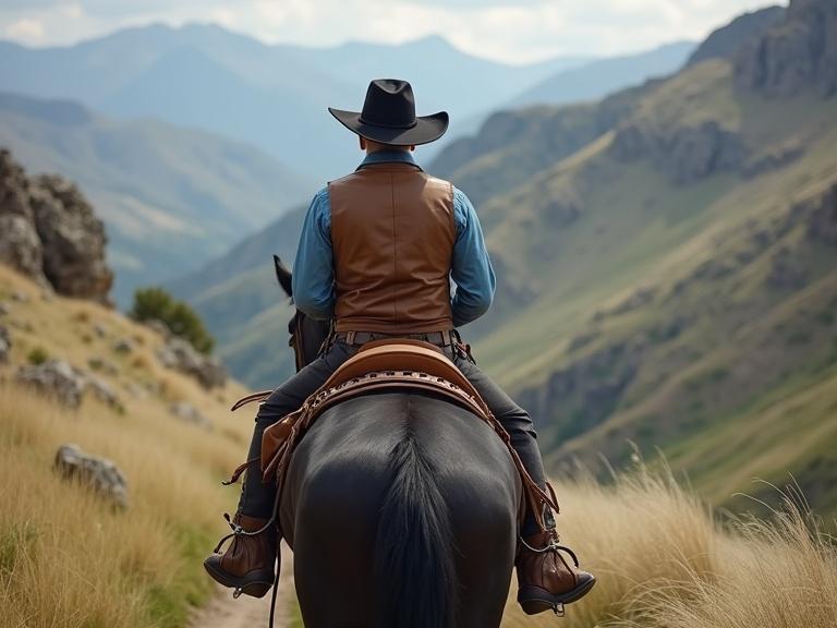 Cowboy in black leather hat blue Jean shirt light brown leather vest on black horse riding down mountain
