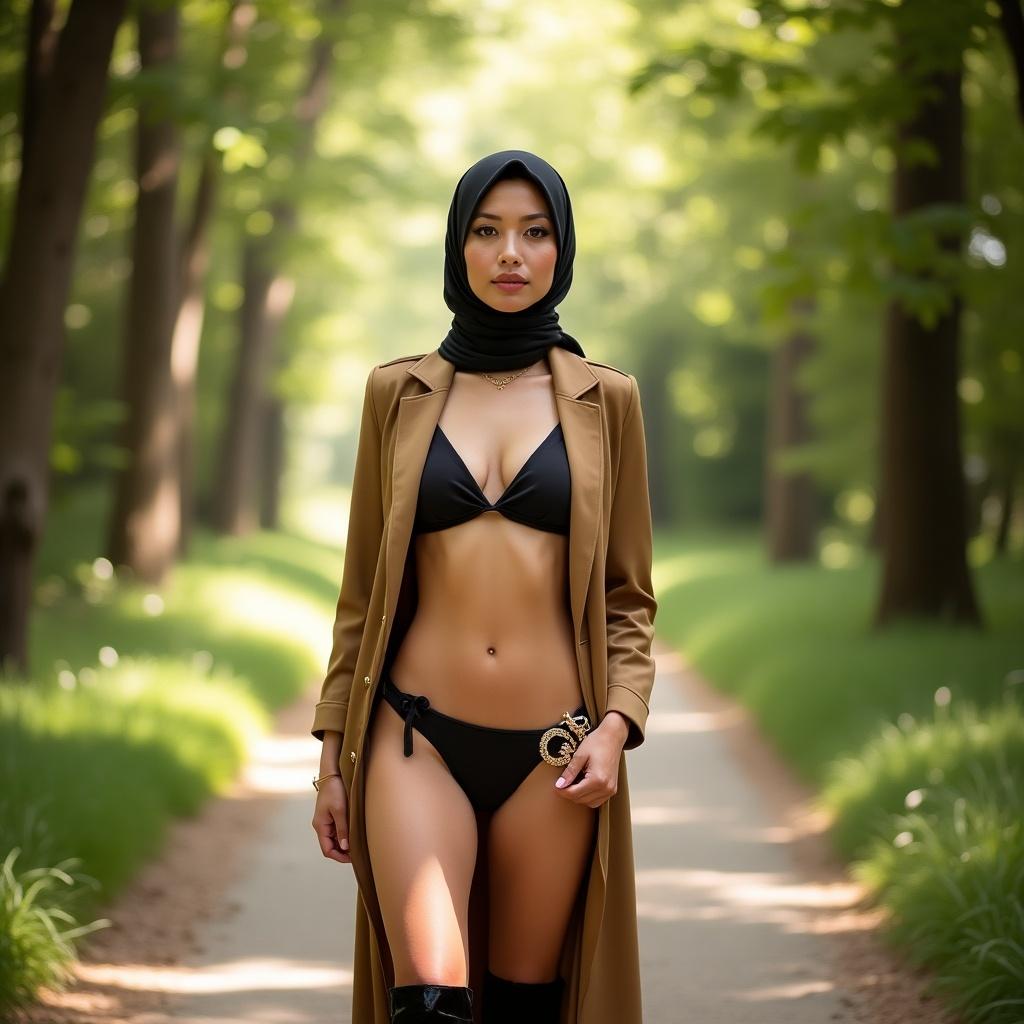 Image of a woman in a modern hijab and bikini. She stands on a nature path surrounded by greenery. Sunlight filters through trees creating a warm atmosphere. The woman wears luxurious boots, showcasing a blend of tradition and modern luxury in fashion.