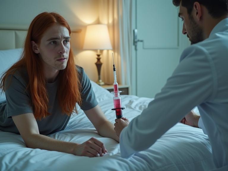 A young man with long red hair lies on his stomach on a bed. Pants pulled down to his knees. He looks worried. A male nurse is about to give him an injection with a large syringe containing red liquid.