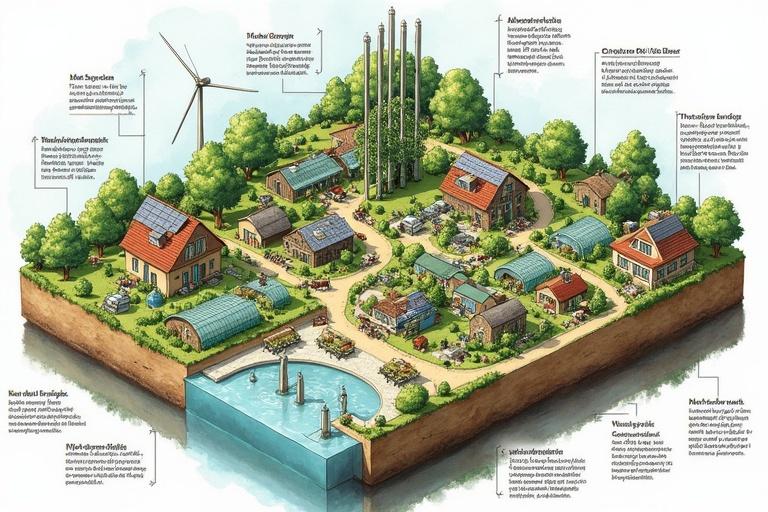 Isometric illustration of a sustainable city with nature. It features vertical farms wind turbines and solar panels. A circular food system with livestock and greenhouses is displayed. Various housing styles shown. Water filtration systems are present. Watercolor style used. Dutch text labels describe elements.