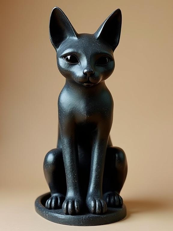 Black lava cat statuette resembling an Egyptian deity on a neutral background. Intricate details highlight the sculptural form of the cat.