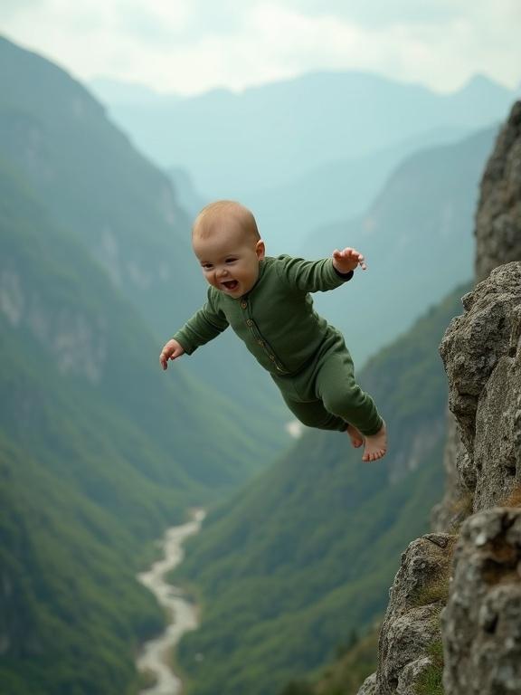 Surreal scene of a baby falling off a rocky cliff. Baby wearing a green romper. Arms stretched out with mountains in the background. Captures intense motion and emotion. Scenic and vast environment contrasts nature's scale and child's fragility.