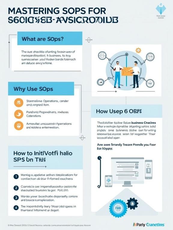 Infographic designed for LinkedIn aimed at business managers. Focus on mastering SOPs for efficiency. Title at top in Jost Regular font. Three-column format with titles. Define SOPs, explain benefits, and provide implementation steps. Use specific colors and fonts for aesthetics. Include icons relevant to text. Call to action at the bottom.