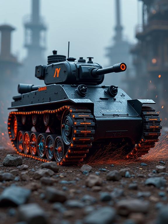 A detailed image of a futuristic tank featuring HNBR wheels in an industrial setting. The tank displays spiral teeth aligned with the 13ARU25.4 code. HNBRA KIEKAUTOPARTS is embossed on matte black rims. The wheel's edge has bright red DO NOT CRIMP warnings and Y/Y symbols. Neon-blue light emits from the hubs, creating shadows. Orange sparks fly as the wheels interact with the ground. The overall aesthetic reflects a cyberpunk theme with a dark, gritty backdrop.