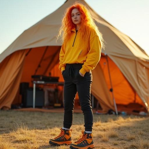 Adagio at a music festival. Girl standing outside tent. Luminous orange hair with yellow streaks. Yellow tracksuit top. Black tracksuit pants. Orange hiking boots with dark-yellow laces.