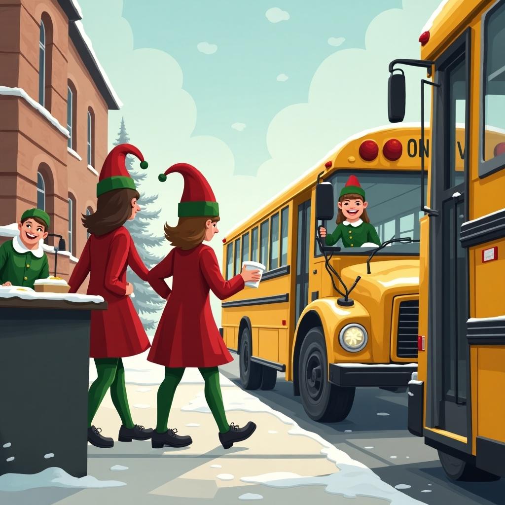 Joyful elves working at a school office wearing green and red hats. Reindeer bus drivers happily picking up kids at the bus stop. Snowman cafeteria workers preparing food for children.