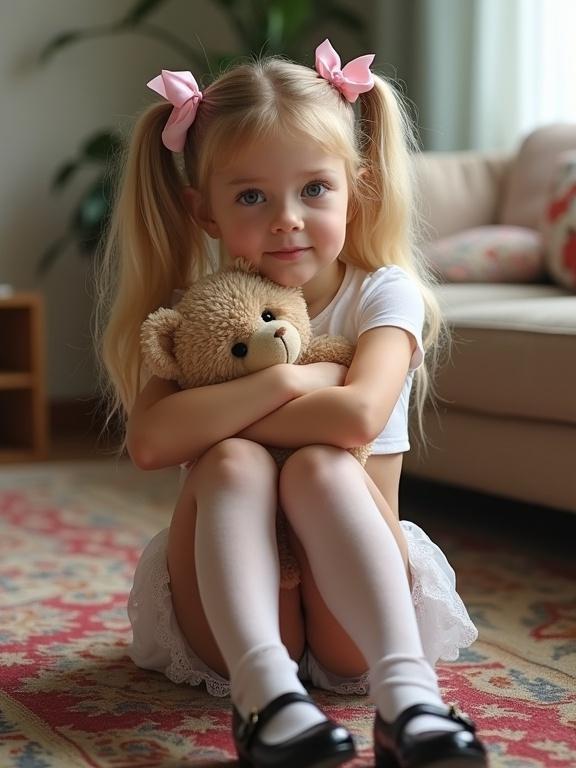 A young girl with blonde hair in twin tails tied with pink bows. She wears a white crop top and a ti skirt. Thigh-high stockings and black Mary Jane shoes are worn. Sitting on a rug in a living room, hugging a teddy bear.