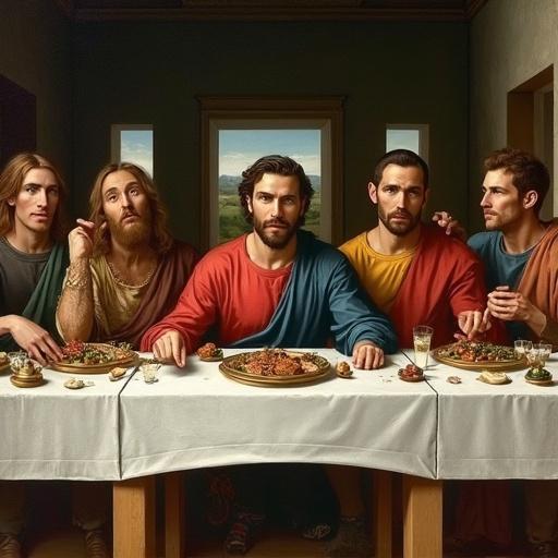 A reinterpretation of Da Vinci's The Last Supper featuring Cristiano Ronaldo Marco Reus Marcelo Kevin Debruyn Luka Modric At the same table styled similarly with accurate facial representations.