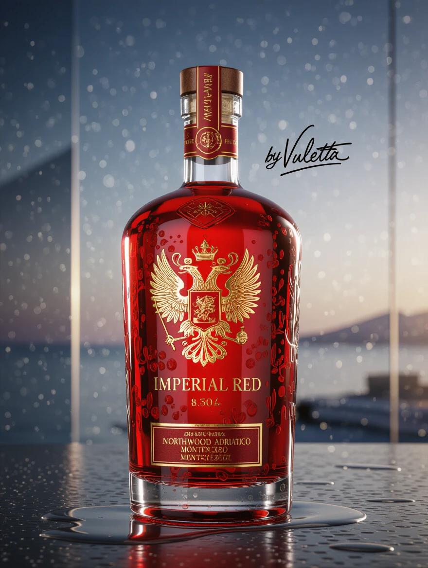 A hyper-realistic product shot of an ultra-premium vodka bottle named Imperial Red. Handwritten style 'by Vuletta' is featured on the image. The bottle is red with golden embossed details including a double-headed eagle. Typography features 'Organic Vodka' and 'Northwood Adriatico Montenegro'. The glass is deep crimson with a semi-matte finish. It has a minimalist golden crown emblem. Fine condensation is visible. The background is urban with Adriatic sea colors. The aesthetic is premium and powerful. Studio lighting enhances the golden features and the spirit inside is crystal clear. Macro photo captures sophisticated luxury.