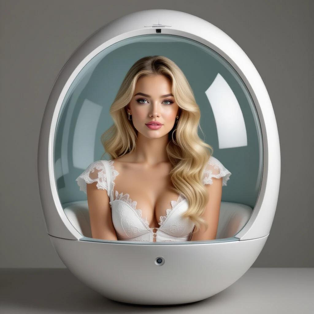 A woman resembling Elle Fanning sits inside a style capsule. The design is modern and futuristic. The environment is serene and minimalistic. Soft lighting creates an elegant ambiance. The capsule reflects sophistication.