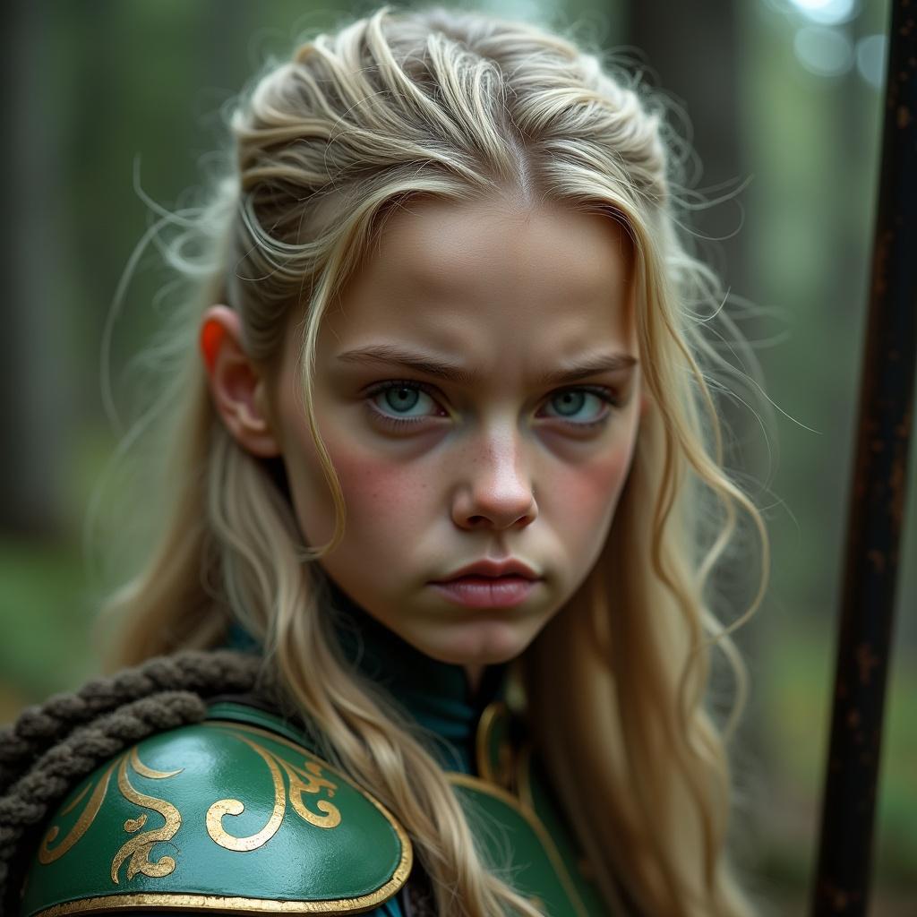 Close-up portrait of a young woman with long blonde hair and fierce expression. She wears green and gold armor with intricate designs. Hair styled half-up, half-down. She holds a spear in her right hand. Background is blurred with trees and foliage. Overall mood is intense and powerful.