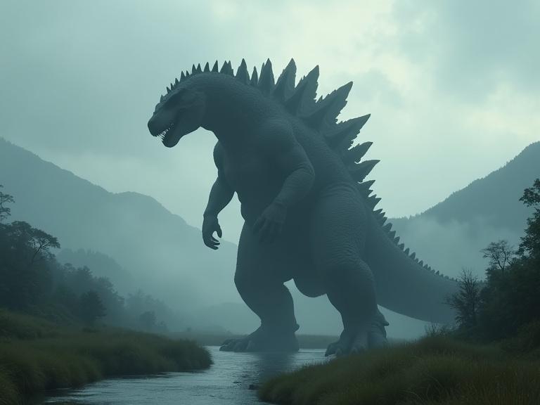 Dramatic scene with a giant dinosaur silhouette. Dark grey figure with sharp dorsal spines. Walking through foggy landscape. Grassy land, hills, trees, mountains in background. Reflective river. Mood is dark and ominous. High-detail textures and shadows.