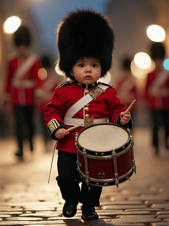 Hyper-realistic photo of a baby in a British royal guard uniform marching on a street at night playing a bass drum. Baby wears tall furry hat, ceremonial jacket, and holds mallets with chubby hands. Scene has dramatic lighting and ambiance of a military parade. The baby's cheeks and serious expression add to the cuteness. No text.
