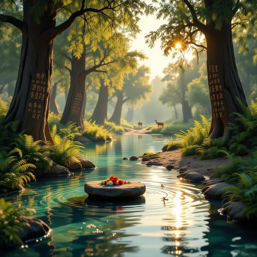 A mystical watering hole emerges in the Mesopotamian wilderness. The golden hour light bathed the scene. Shallow waters reflect striking ancient cedar trees. The trunks display intricate Sumerian cuneiform symbols. A stone altar partially submerged holds wilted flowers. Lush ferns and wild barley sway in the gentle breeze. Dragonflies hover over the water. In the distance, a path leads into the thick forest where gazelles graze. The environment is ultra-detailed. Soft light filters through the leaves, creating a sacred vibe.