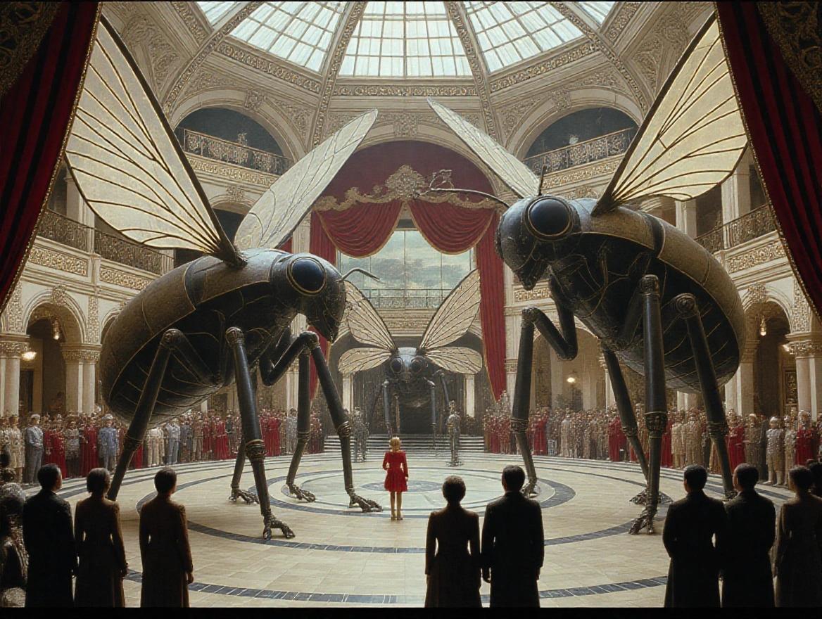 Whimsical and fantastical artwork that features giant mechanical insects in an ornate hall with a crowd of costumed figures. An evenly lit wide shot captures the scene from an audience perspective.