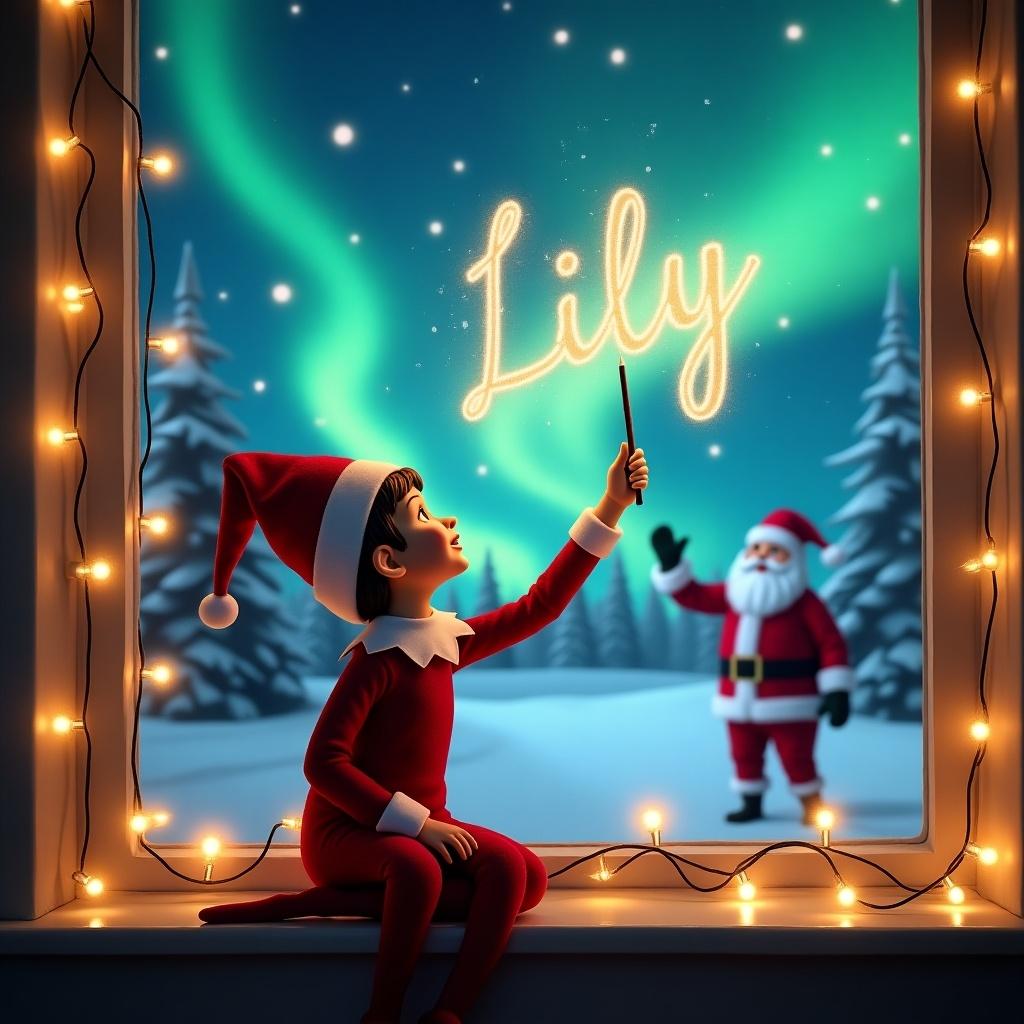 The image depicts a heartwarming Christmas scene featuring an elf seated in front of a window. The elf is using a shimmering wand to write the name 'Lily' against a starry sky. In the background, Santa Claus is joyfully waving, surrounded by a snowy landscape. The window is adorned with twinkling lights, adding a cozy touch to the scene. The vibrant northern lights illuminate the sky, creating a magical atmosphere that captures the essence of the holiday season.