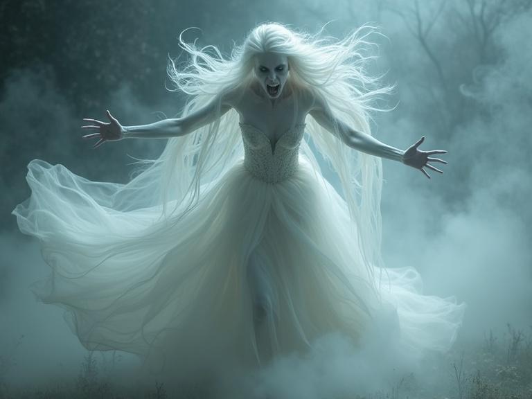 Depiction of a dark banshee queen with long white hair. The banshee queen wears a flowing white gown that billows around her. She appears to lunge forward aggressively with her arms outstretched. The background features eerie mist. Lighting showcases contrast between light and shadow. The detail is hyper-realistic in style.