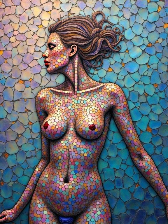 Iridescent ceramic tile and glass mosaic in an abstract style. Ethereal depiction of a nude female body using encaustic mixed media. Focus on intricate details and vibrant colors.