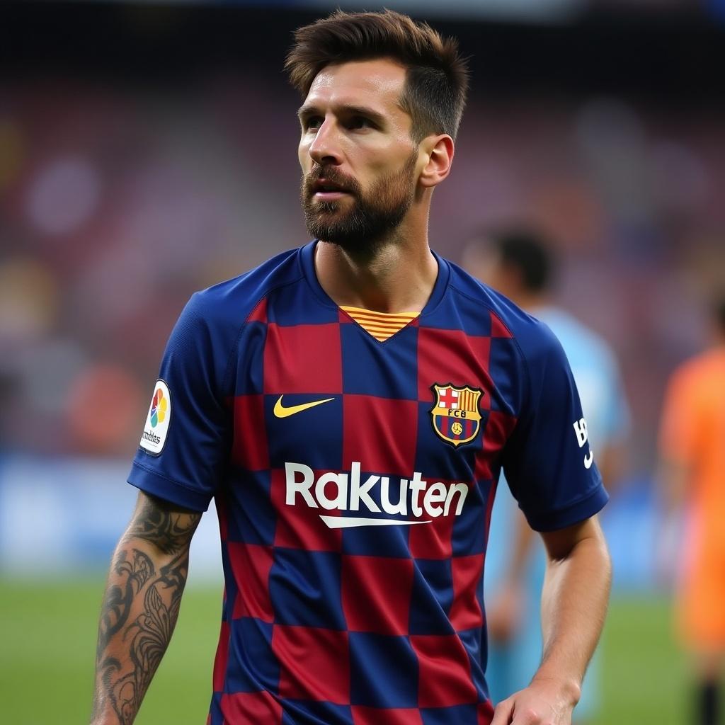 Messi wearing FC Barcelona kit during a match. The player is in action on the field, showcasing the team colors and jersey. The background features blurred stadium and players.