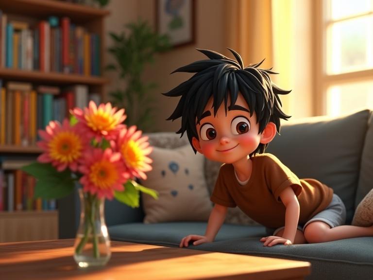 A young boy sits on a gray couch in a cozy living room. He has messy black hair and is wearing a brown T-shirt and gray shorts. Colorful artwork hangs on the walls. Sunlight fills the room softly. A vase of flowers sits on a wooden table. The scene feels warm and inviting.